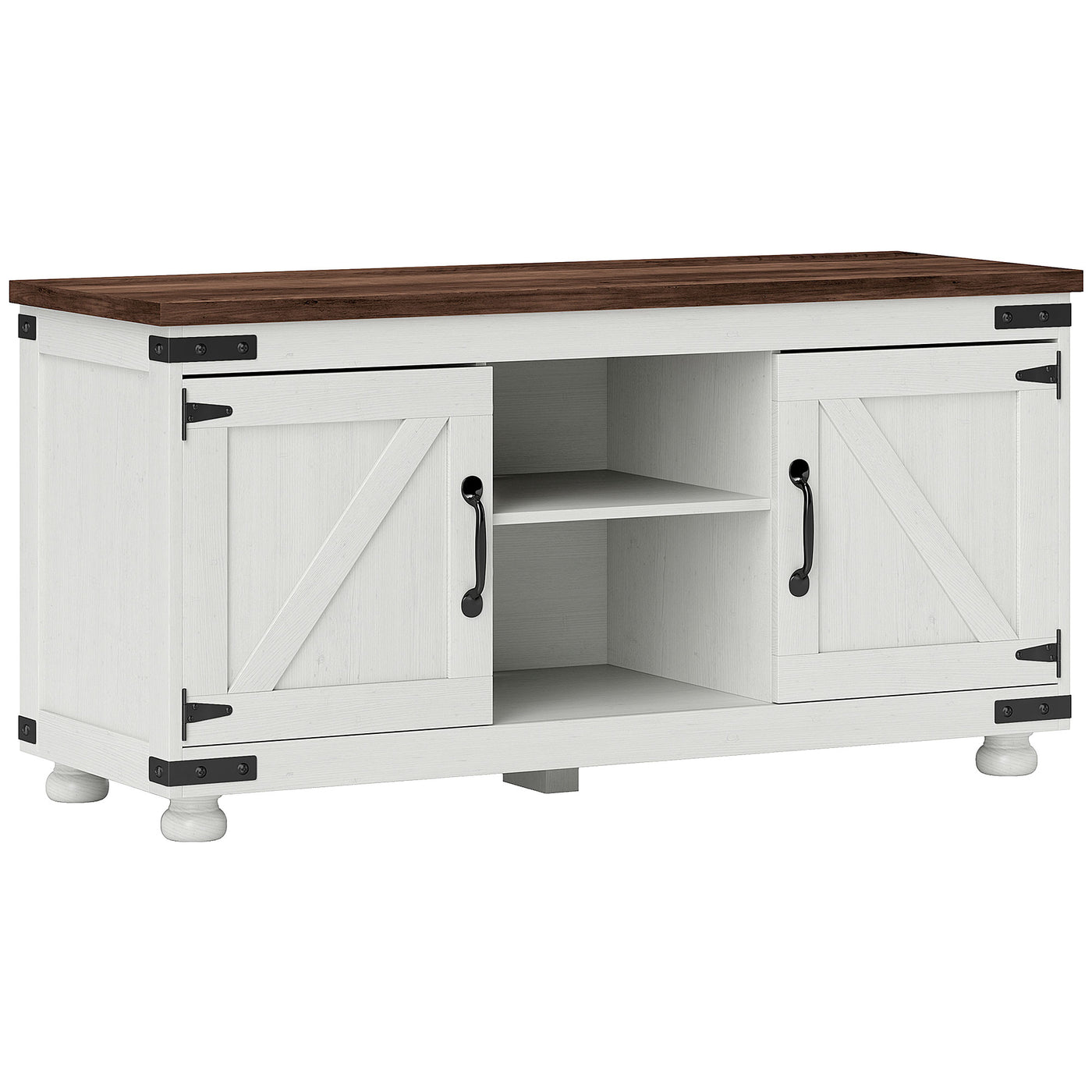Farmhouse TV Stand for up to 50" TV, TV Cabinet with Barn Doors, Cable Management for Living Room, Distressed White