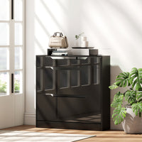 High Gloss Shoe Cabinet with 2 Flip Drawers and Adjustable Shelves, Narrow Shoe Storage Cabinet with Glass Top, Black
