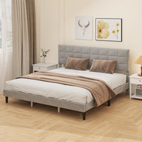 King Size Bed Frame with Upholstered Headboard, Modern Platform Bed Frame with Wood Slats, 1100 lbs Capacity, Grey
