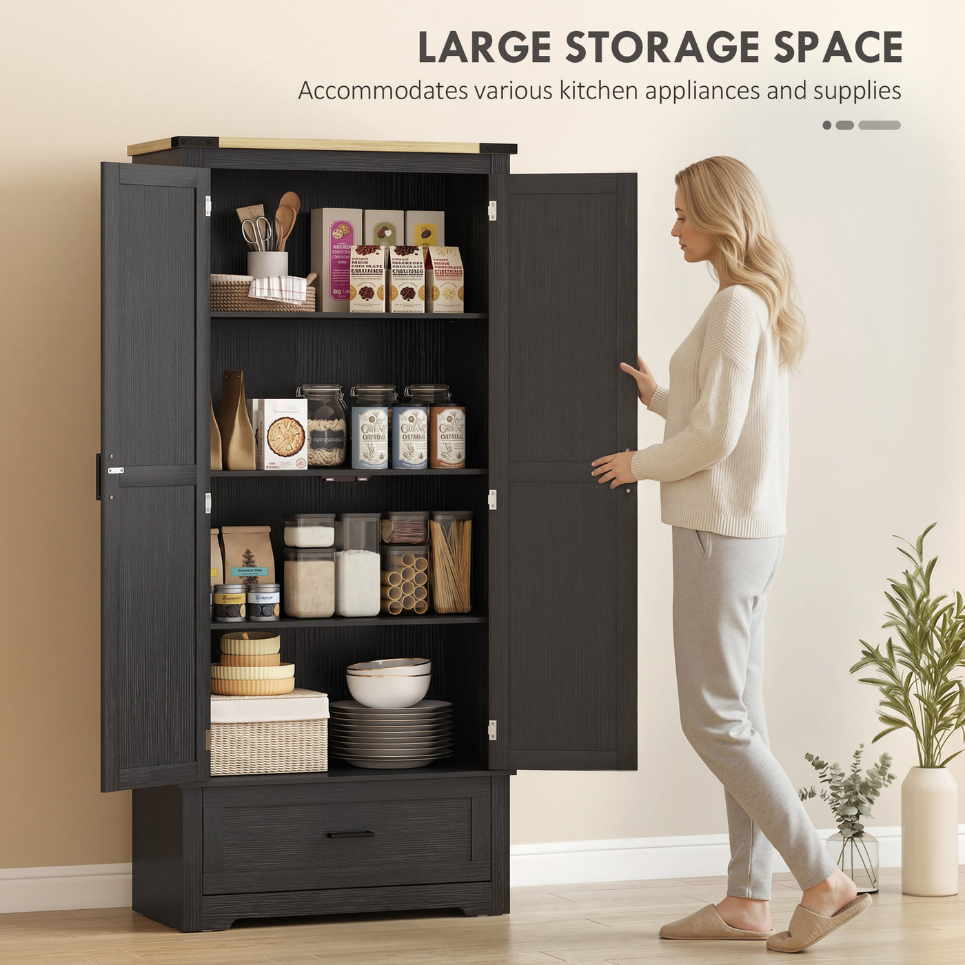69" Tall Farmhouse Kitchen Pantry Cabinet with 2 Doors, Drawer and Adjustable Shelves, Black and Brown