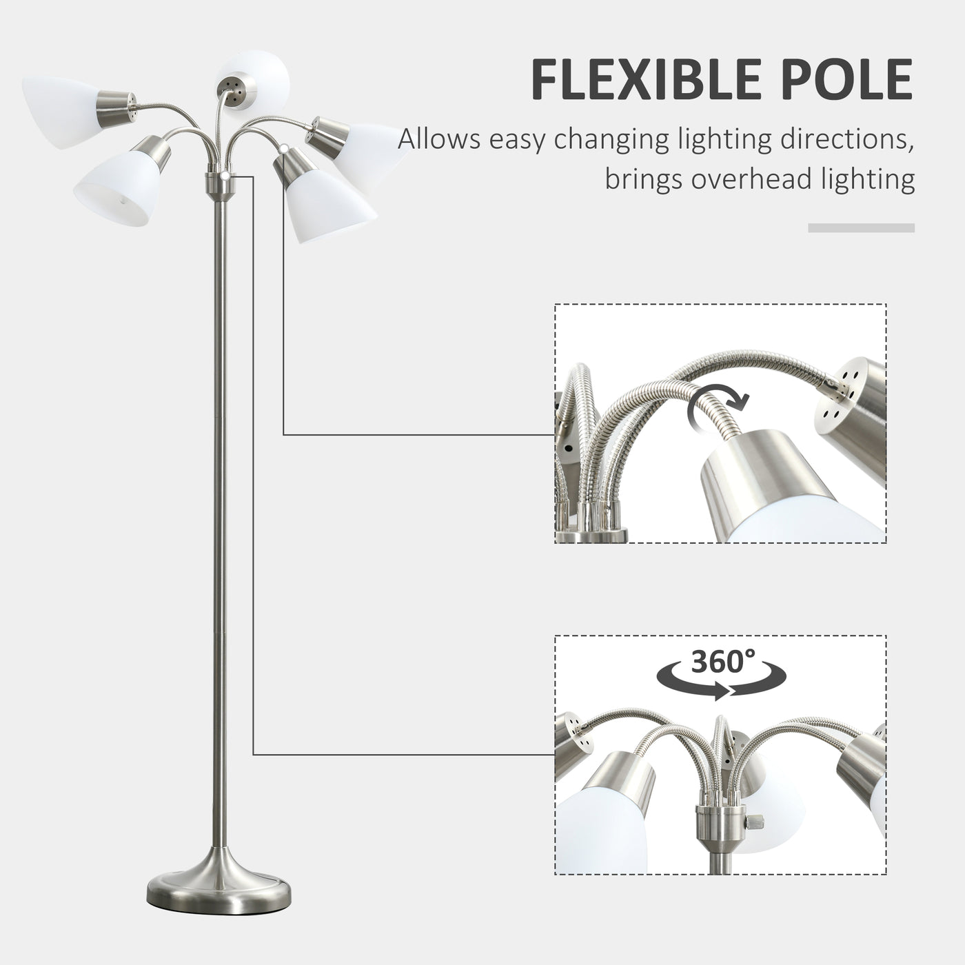 Arc Tree Floor Lamp with 5 Adjustable Rotating Lights, Modern Standing Gooseneck Reading Light for Living Room Bedroom Office, Satin Nickel
