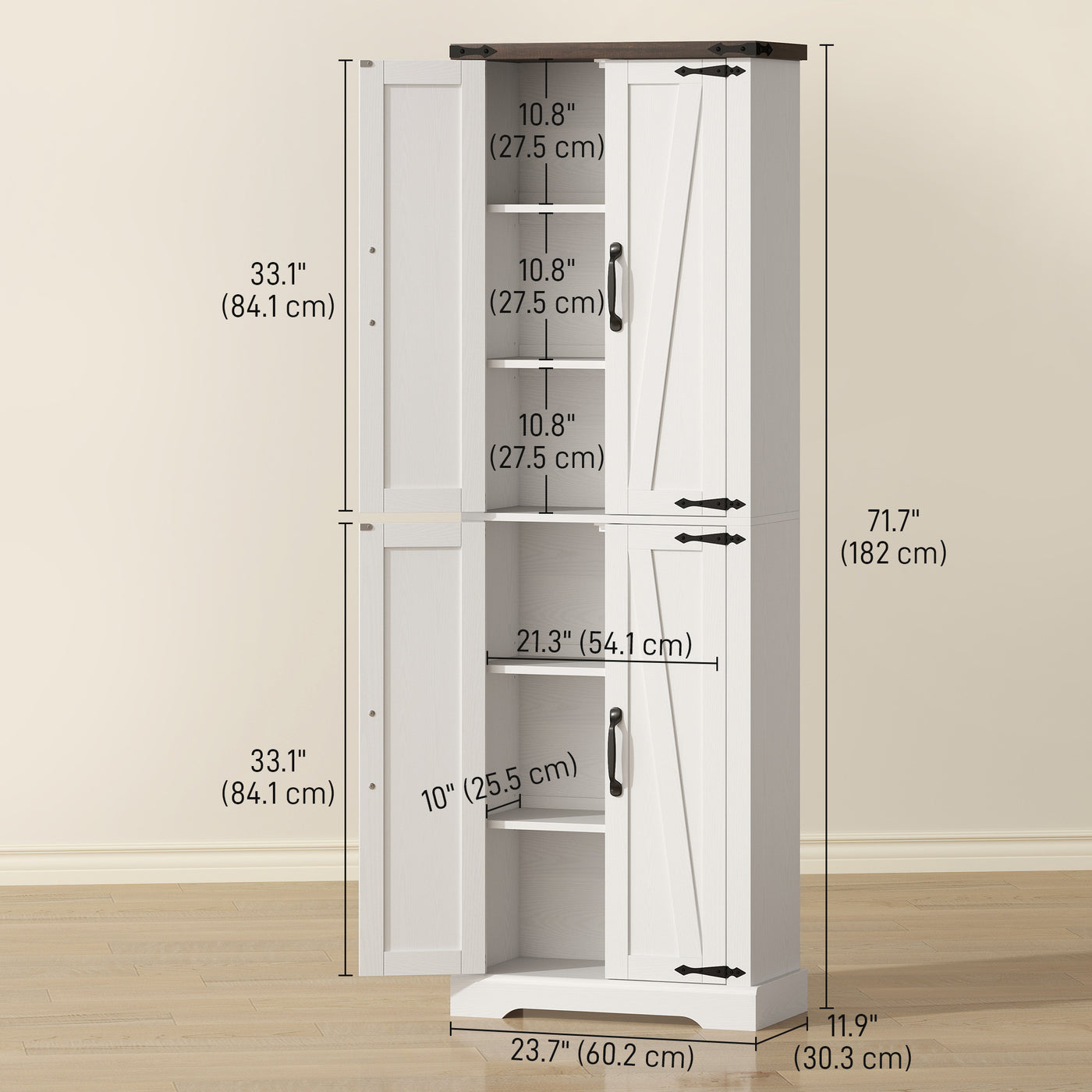 72" Pantry Cabinet, Farmhouse Freestanding Kitchen Storage Cabinet with Adjustable Shelves for Dining Room, White