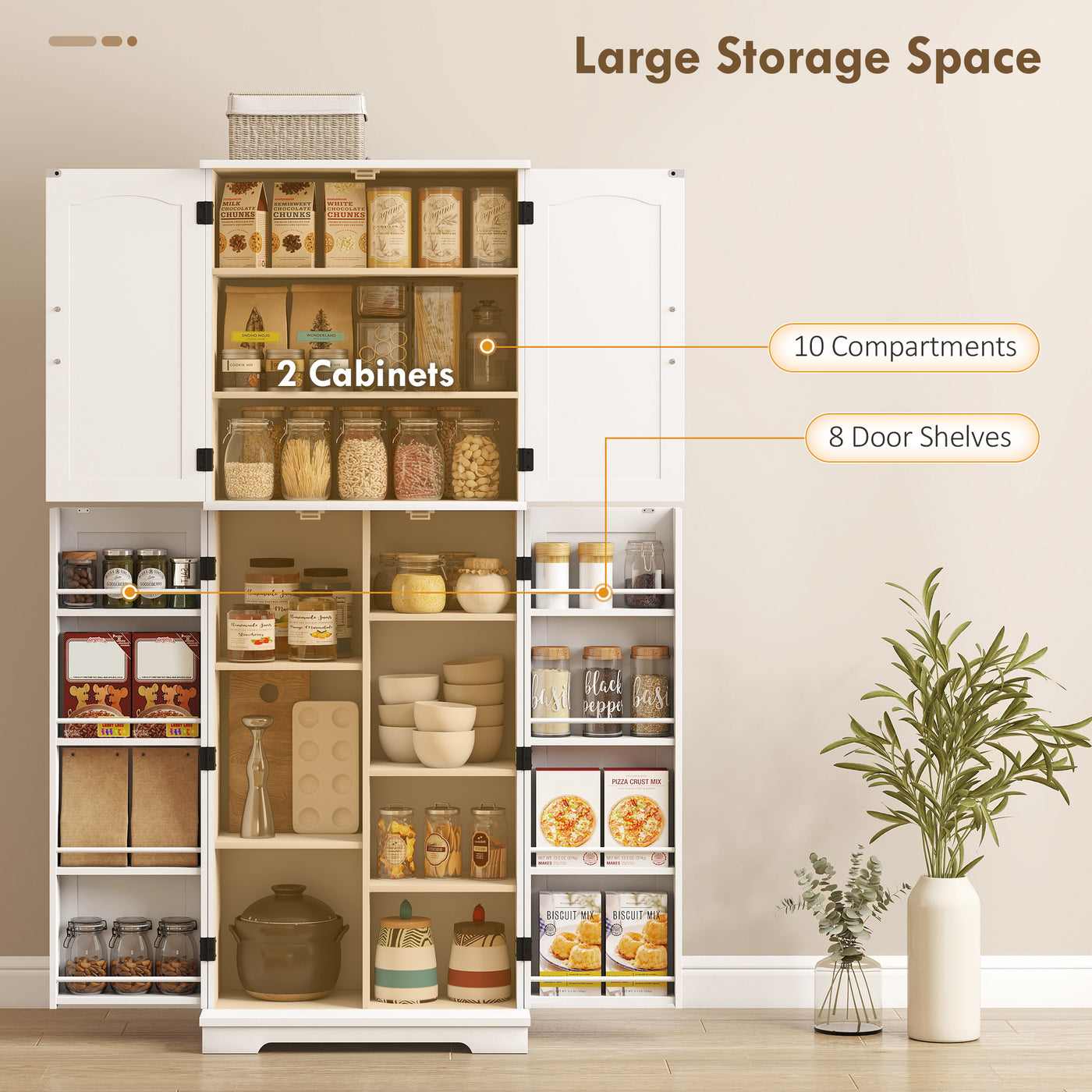 Tall Pantry Cabinet, 64" Storage Cabinet with Adjustable Shelves and 8 Door Spice Racks for Kitchen, Dining Room, White