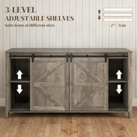60" Buffet Cabinet, Farmhouse Sideboard with Sliding Barn Doors, Drawers and Adjustable Shelves, Distressed Light Grey