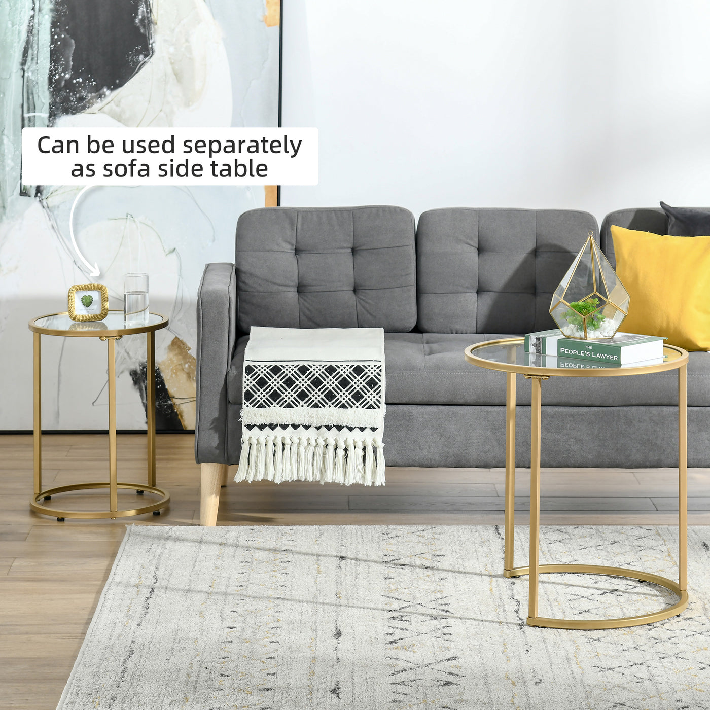 Set of 2 Nesting Coffee Tables with Metal Base, Round Side Table with Tempered Glass Tabletop for Living Room, Bedroom, Gold