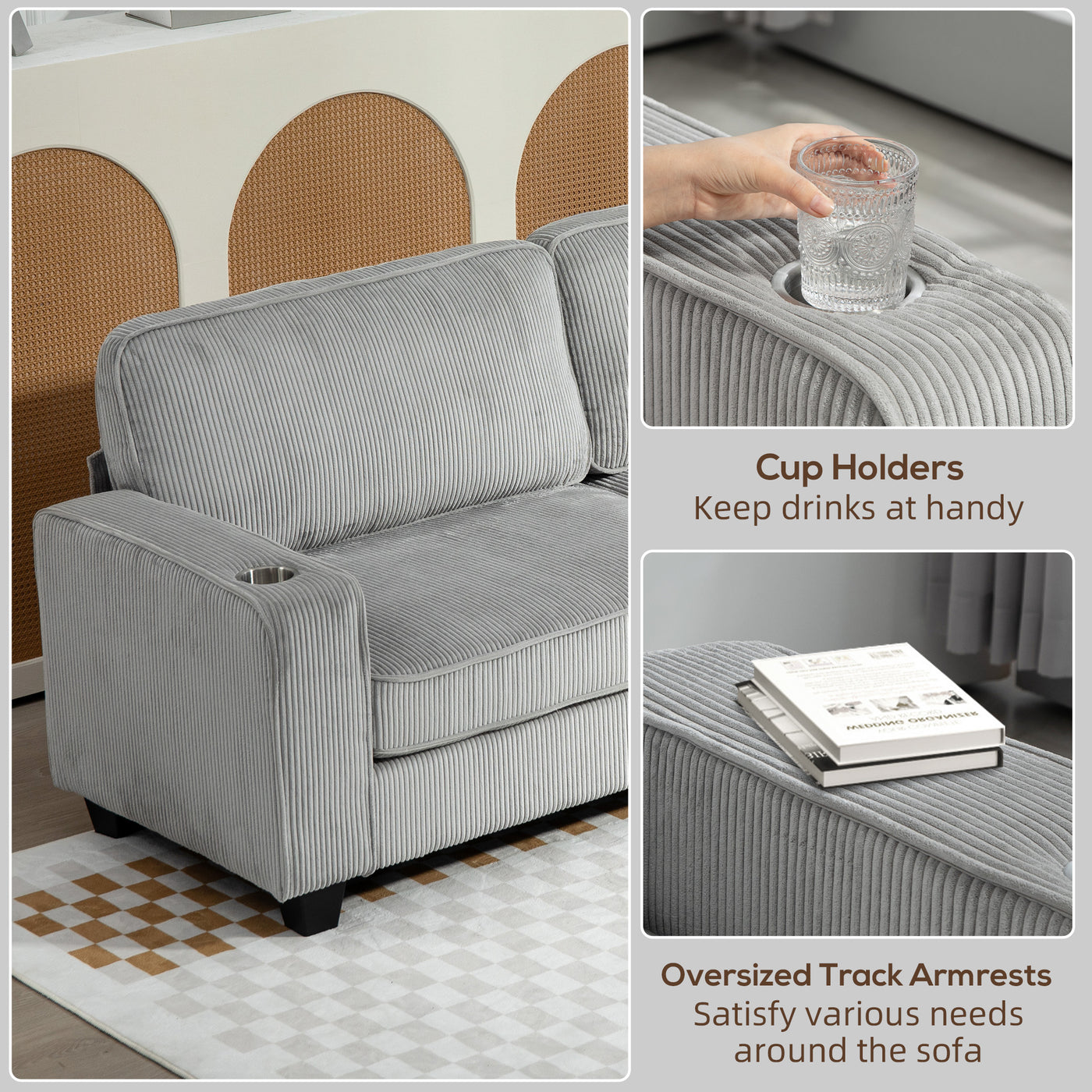 Three Seater Sofa, Fabric 3 Seater Couch with Spring Cushion and Cup Holders for Living Room, Bedroom, Light Grey