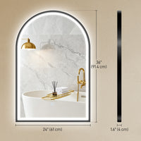 24" x 36" LED Bathroom Mirror, Arched Tempered Glass Wall Mirror, Anti-Fog, Dimmable, Memory Function, Black