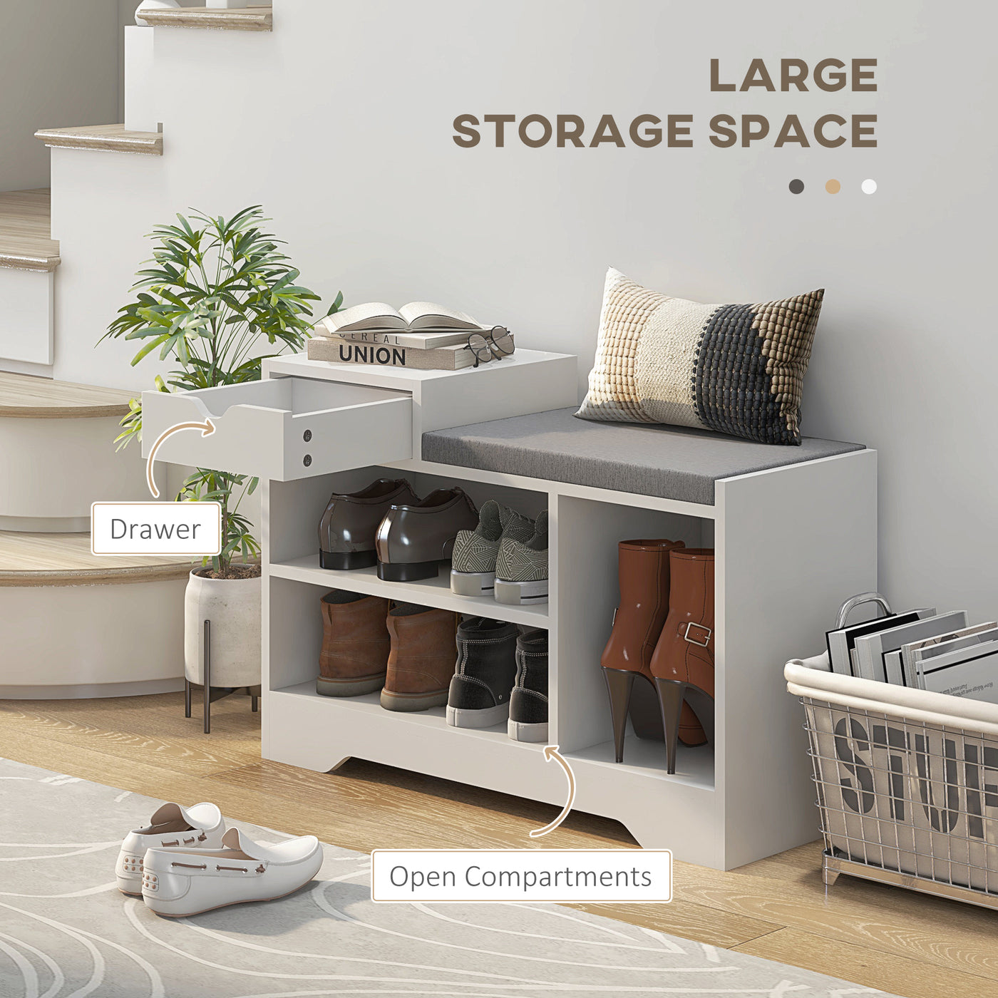 Upholstered Shoe Storage Bench, Hallway Shoe Storage with Seat, Drawer, 3 Open Shelves for Entryway, White
