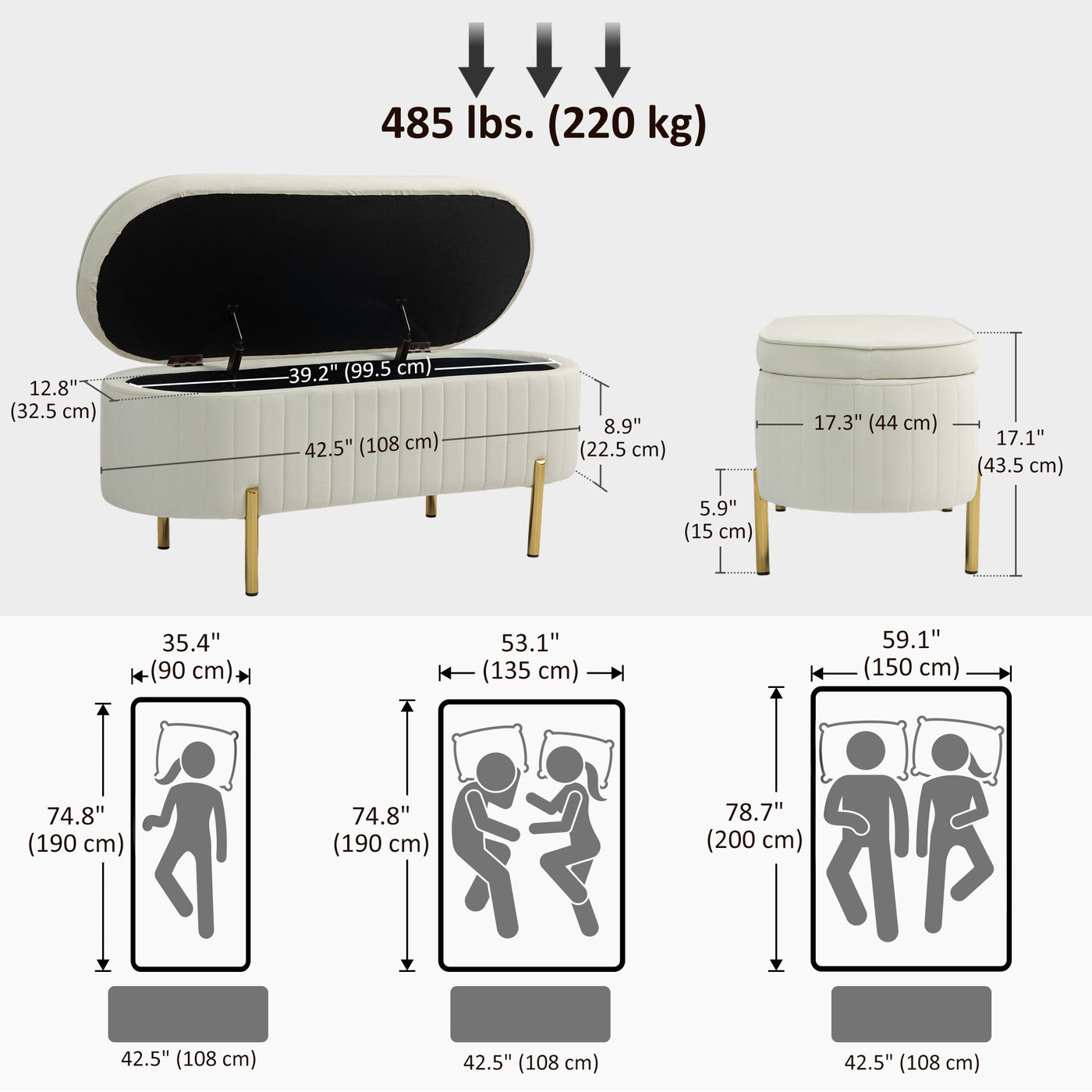 Upholstered Bedroom Bench, Channel Tufted Ottoman Bench with Thick Padding and Metal Legs, Cream White