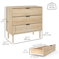 Bedroom Chest of Drawers, 3 Drawer Dresser with Fluted Panels and Solid Wood Legs, Storage Cabinet for Living Room, Oak