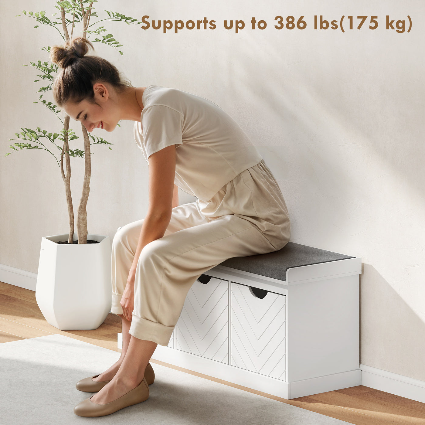 Shoe Storage Bench, Linen-Look Entryway Bench with 3 Removable Drawers and Padded Seat Cushion for Hallway, White