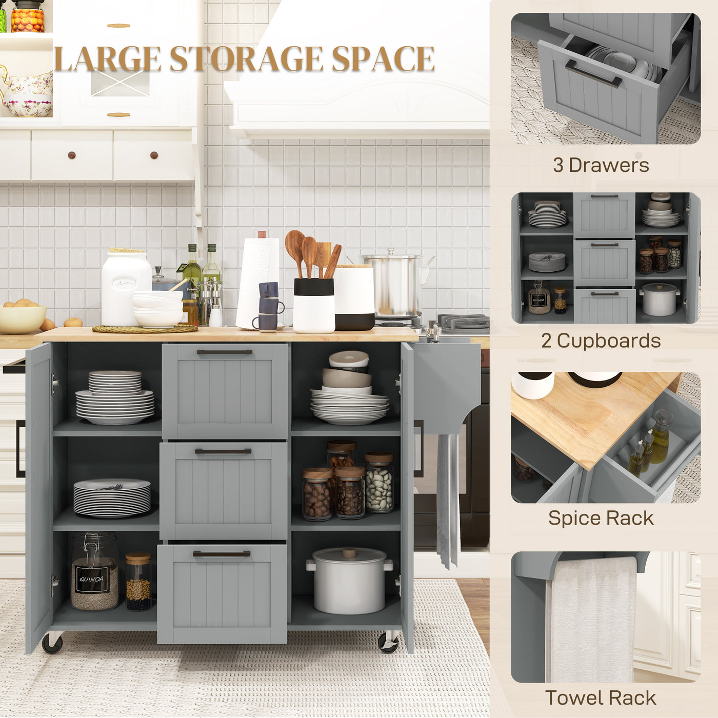 Rolling Kitchen Cart on Wheels with Drop Leaf, Kitchen Island with 3 Drawers, Solid Wood Top and Towel Rack, Grey