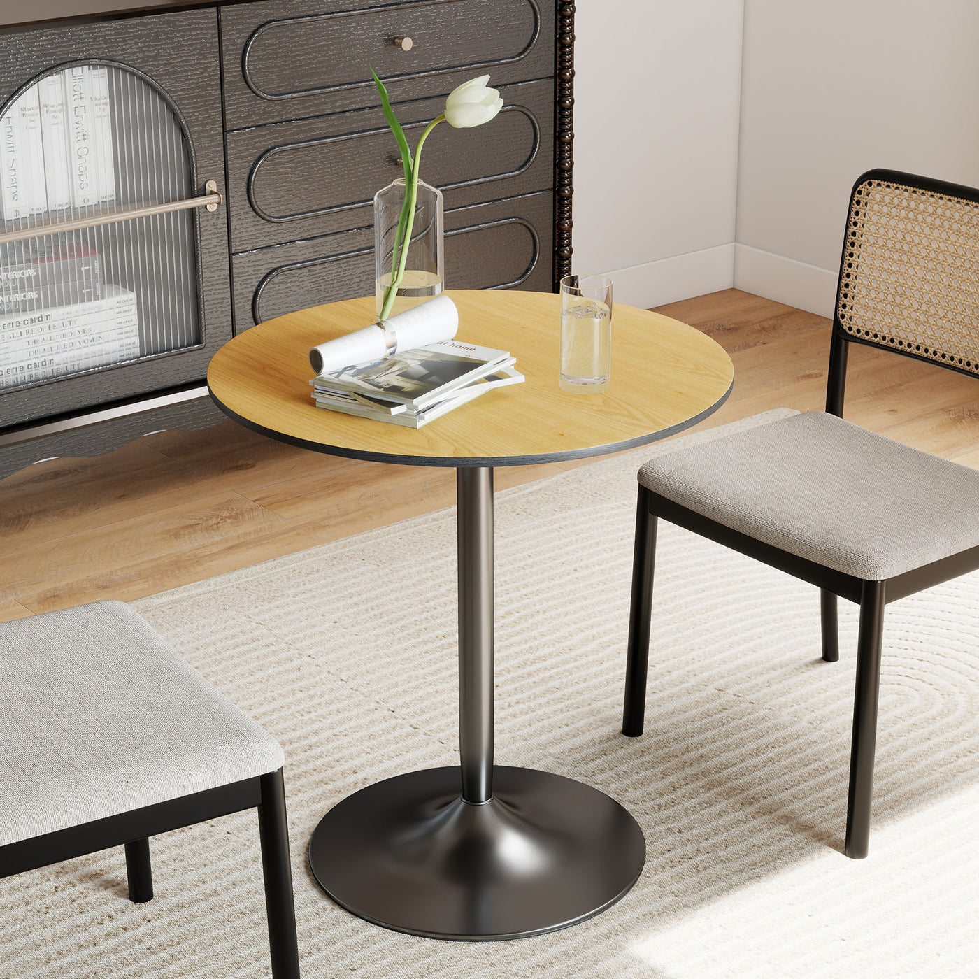 27.6" Round Kitchen Table for 2, Modern Small Dining Table with Wood Veneer, Steel Base for Dining Room, Natural
