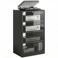 5-Tier AV Media Stand with Push to Open Glass Doors, Audio-Video Storage Cabinet with Adjustable Shelves for DVD Players, Games Consoles, Routers, Distressed Black