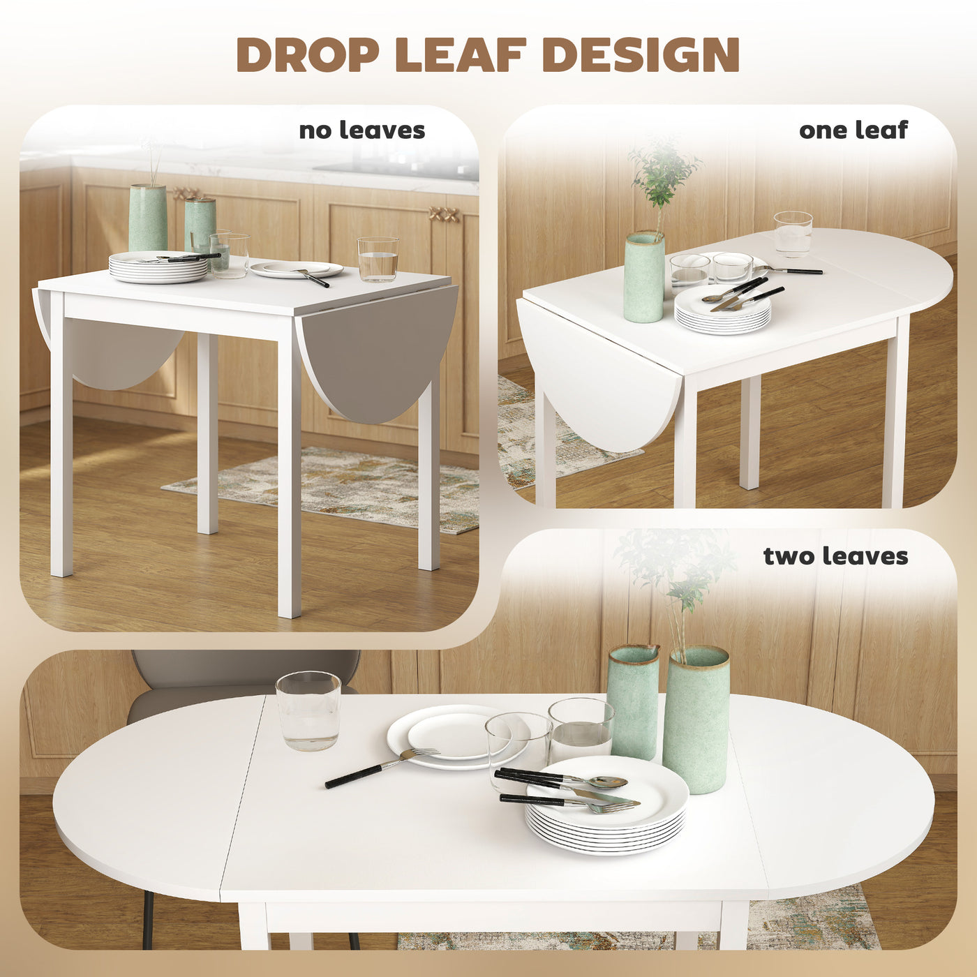 Solid Wood Kitchen Table, Drop Leaf Tables for Small Spaces, Folding Dining Table, White