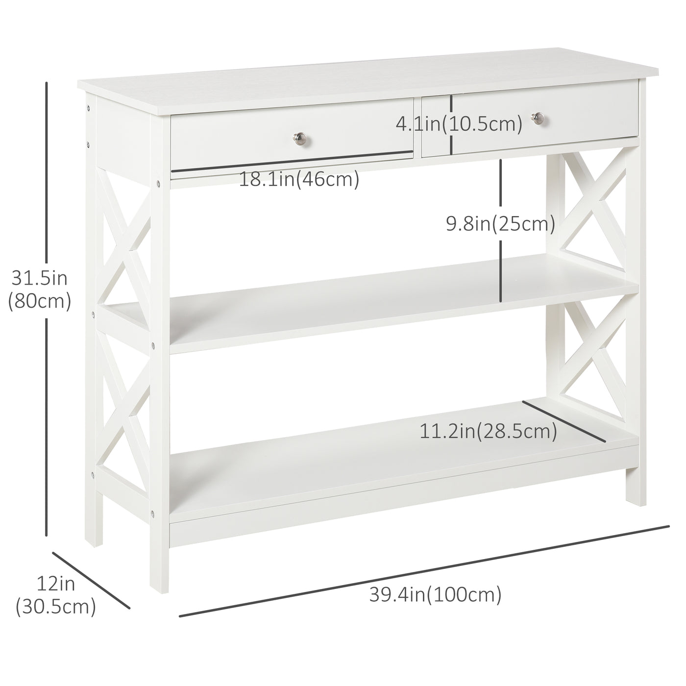 39" Console Table, Narrow Entryway Table with Storage Shelves, Drawers and X Frame for Behind Couch, Living Room, Hallway, White