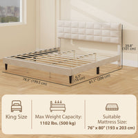 King Size Bed Frame with Upholstered Headboard, Modern Platform Bed Frame with Wood Slats, 1100 lbs Capacity, Cream White