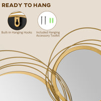 Metal Wall Art Gold Frame Circle Bathroom Mirror Decor Home Hanging Wall Sculptures, 42.25"L x 22"W x 1.5"H, Gold