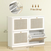 Narrow Shoe Storage Cabinet, Rattan Shoe Cabinet with 4 Flip Drawers and Adjustable Shelves for 20 Pairs, White