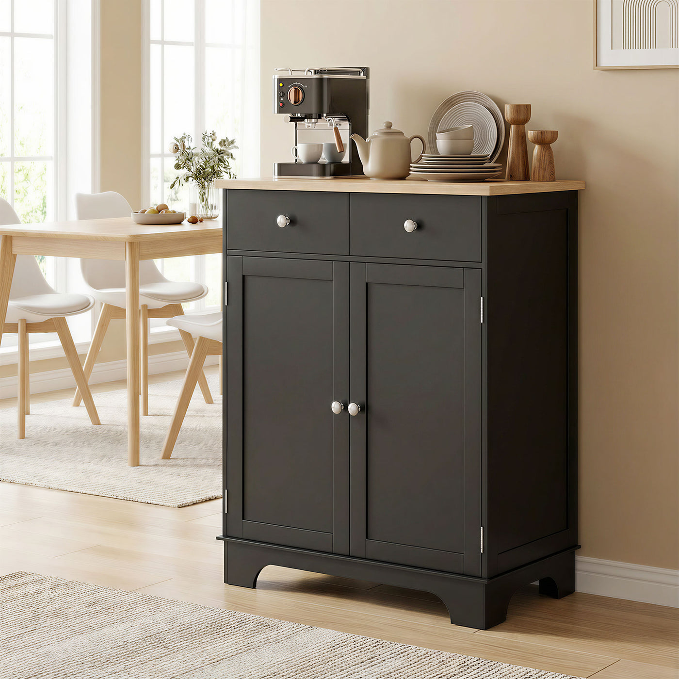 Sideboard Buffet Cabinet with Storage, 27" Kitchen Cabinet with Adjustable Shelf, 2 Drawers and 2 Doors, Coffee Bar Cabinet with Rubberwood Tabletop, Black