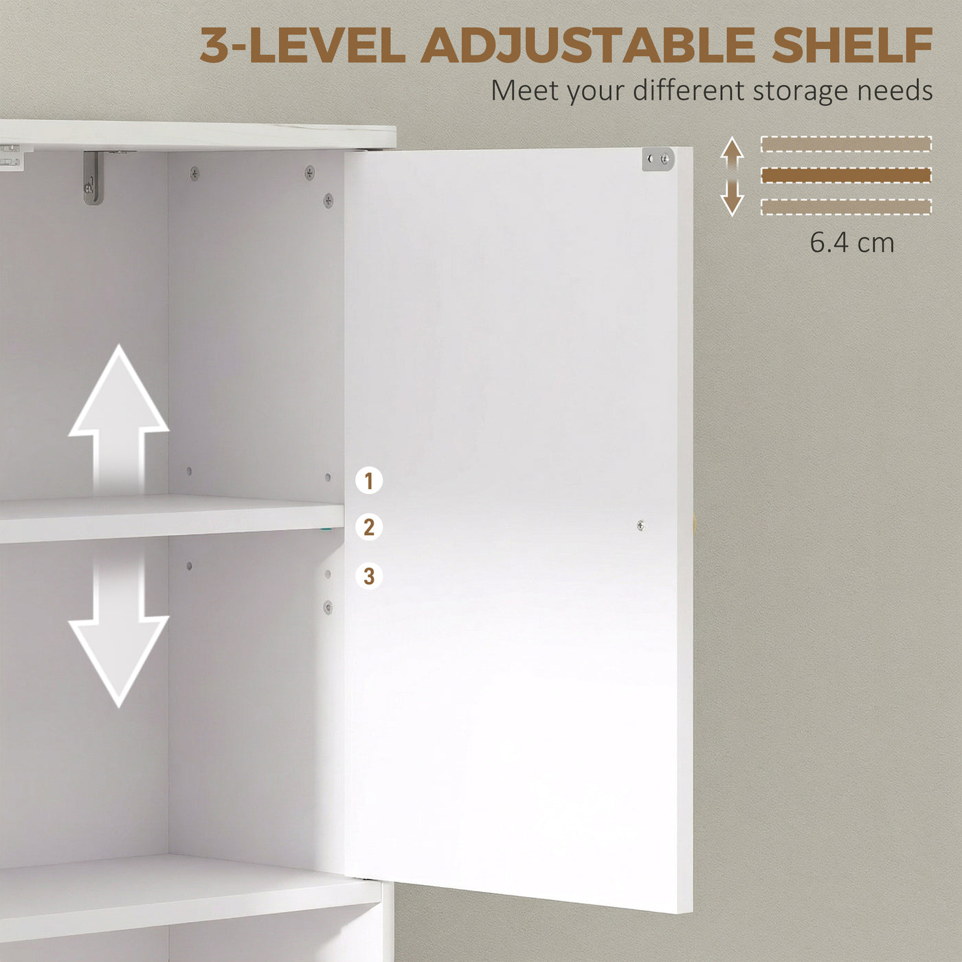 Over The Toilet Storage Cabinet with Adjustable Shelf, Open Shelf and Adjustable Bottom Bar, White