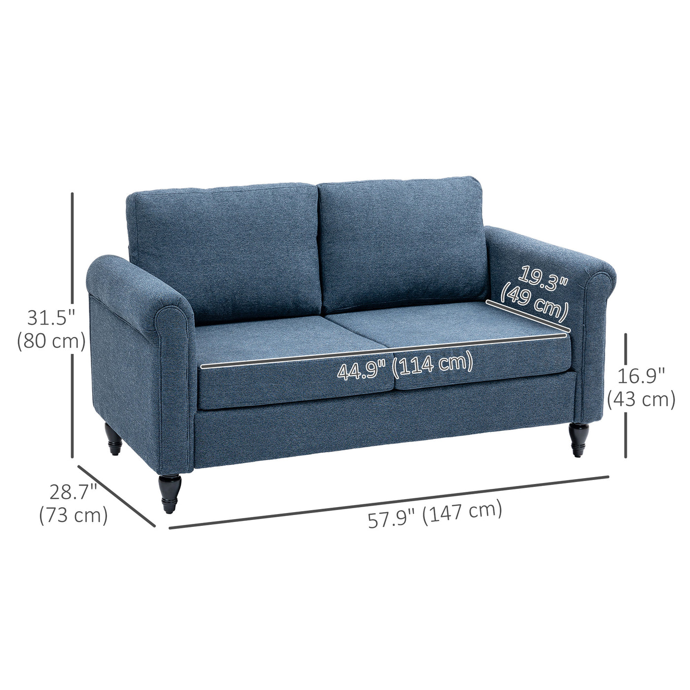 Vintage Loveseat, Upholstered Love Seat Furniture, Fabric 2 Seater Sofa with Rolled Arms, Rubber Wood Legs, Dark Blue