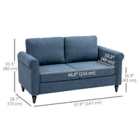 Vintage Loveseat, Upholstered Love Seat Furniture, Fabric 2 Seater Sofa with Rolled Arms, Rubber Wood Legs, Dark Blue