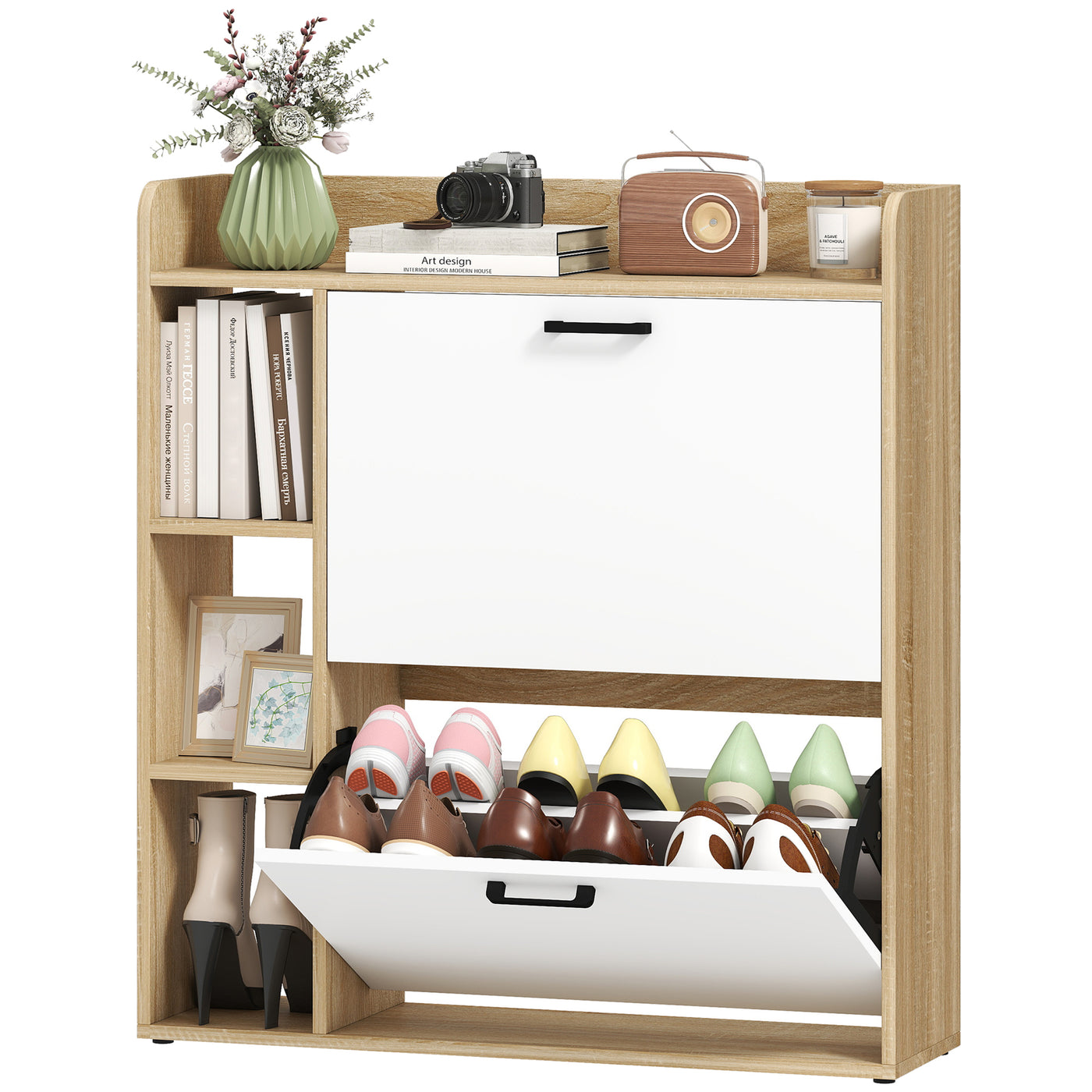 Shoe Cabinet with 2 Flip Drawers, 3 Side Compartments, Adjustable Shelves, 8-12 Pairs for Entryway Hallway, Natural