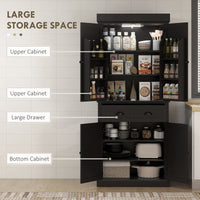 71" Kitchen Pantry Cabinet with LED Lights, 6 Spice Racks, a Drawer and 4 Adjustable Shelves, Black
