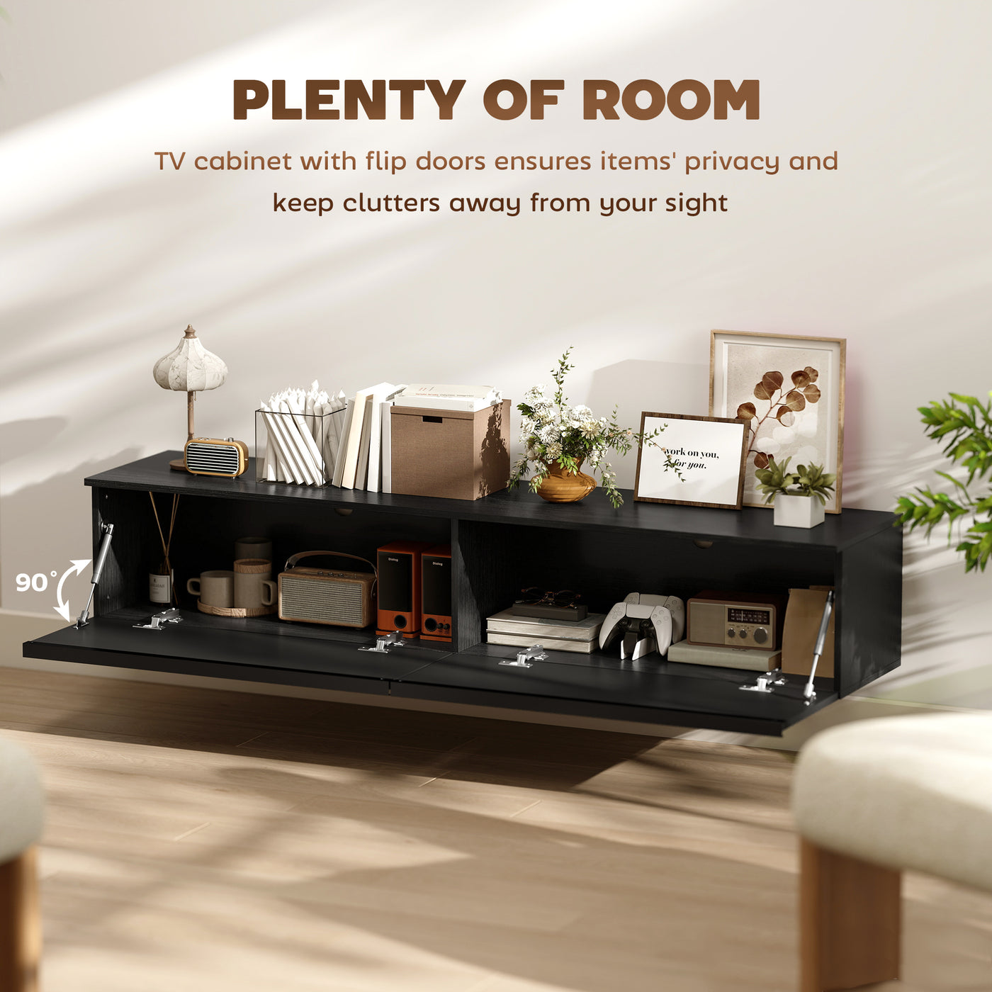 Wall Mounted TV Stand, Floating TV Cabinet with Storage, for TVs up to 70", High Gloss Effect, Black