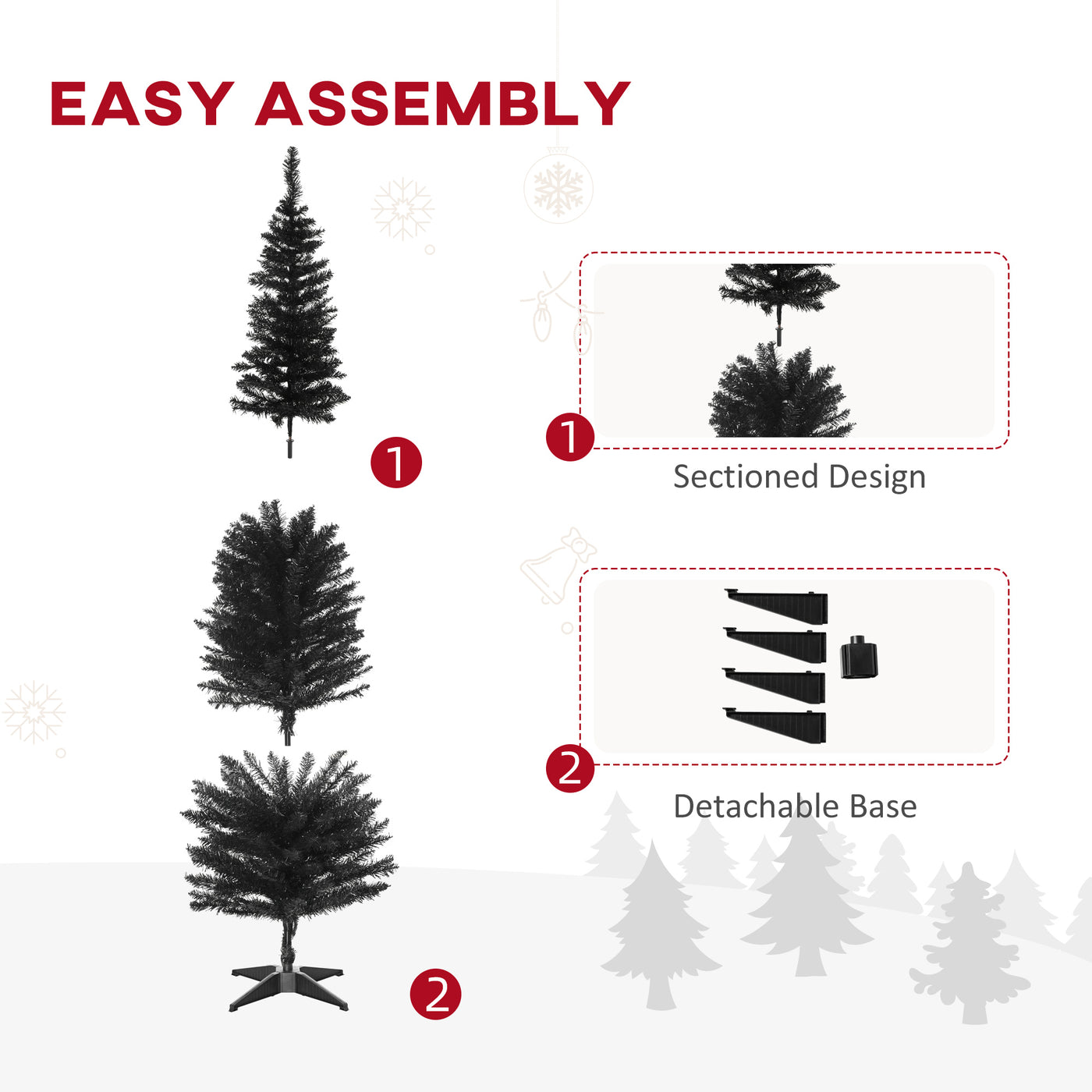 6 Pencil Christmas Tree, Slim Artificial Xmas Tree with Realistic Branches, Sturdy Metal Stand, Black
