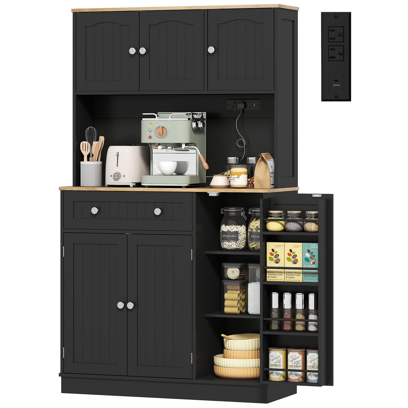68" Pantry Cabinet with Charging Station, Kitchen Storage Cabinet with Microwave Stand, 4 Door Racks, Black