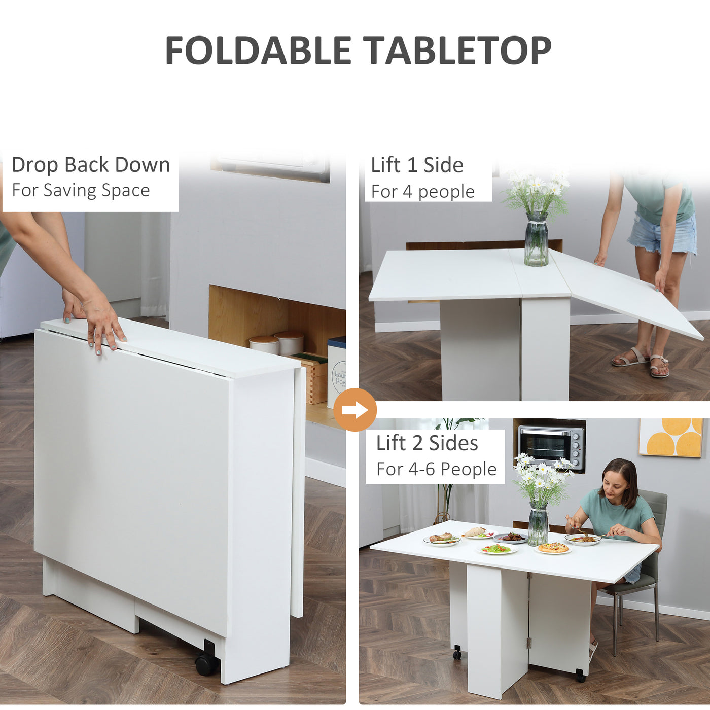Extendable Dining Table, Collapsible Folding Table w/ 2-tier Shelves and Rolling Casters, White