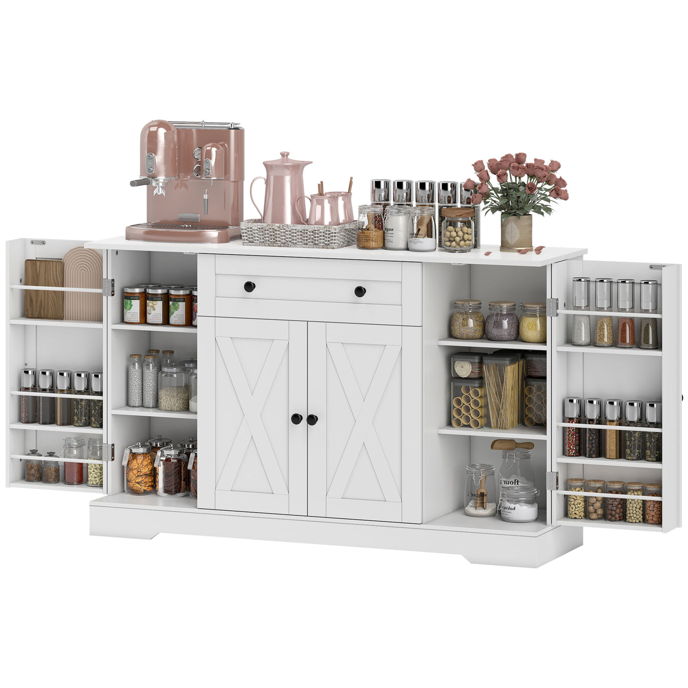 Sideboard Buffet Cabinet, Farmhouse Coffee Bar Cabinet with Door Shelves, Adjustable Shelves, Drawer, Barn Doors, White