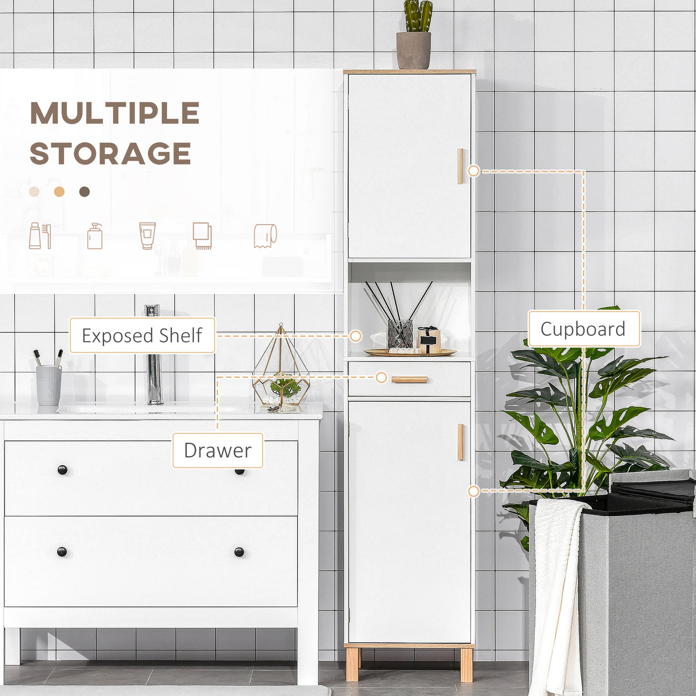 Bathroom Storage Cabinet with Cupboards and Drawer, Floor Free Standing Linen Tower, Tall Slim Side Organizer Shelves, White