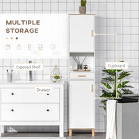 Bathroom Storage Cabinet with Cupboards and Drawer, Floor Free Standing Linen Tower, Tall Slim Side Organizer Shelves, White