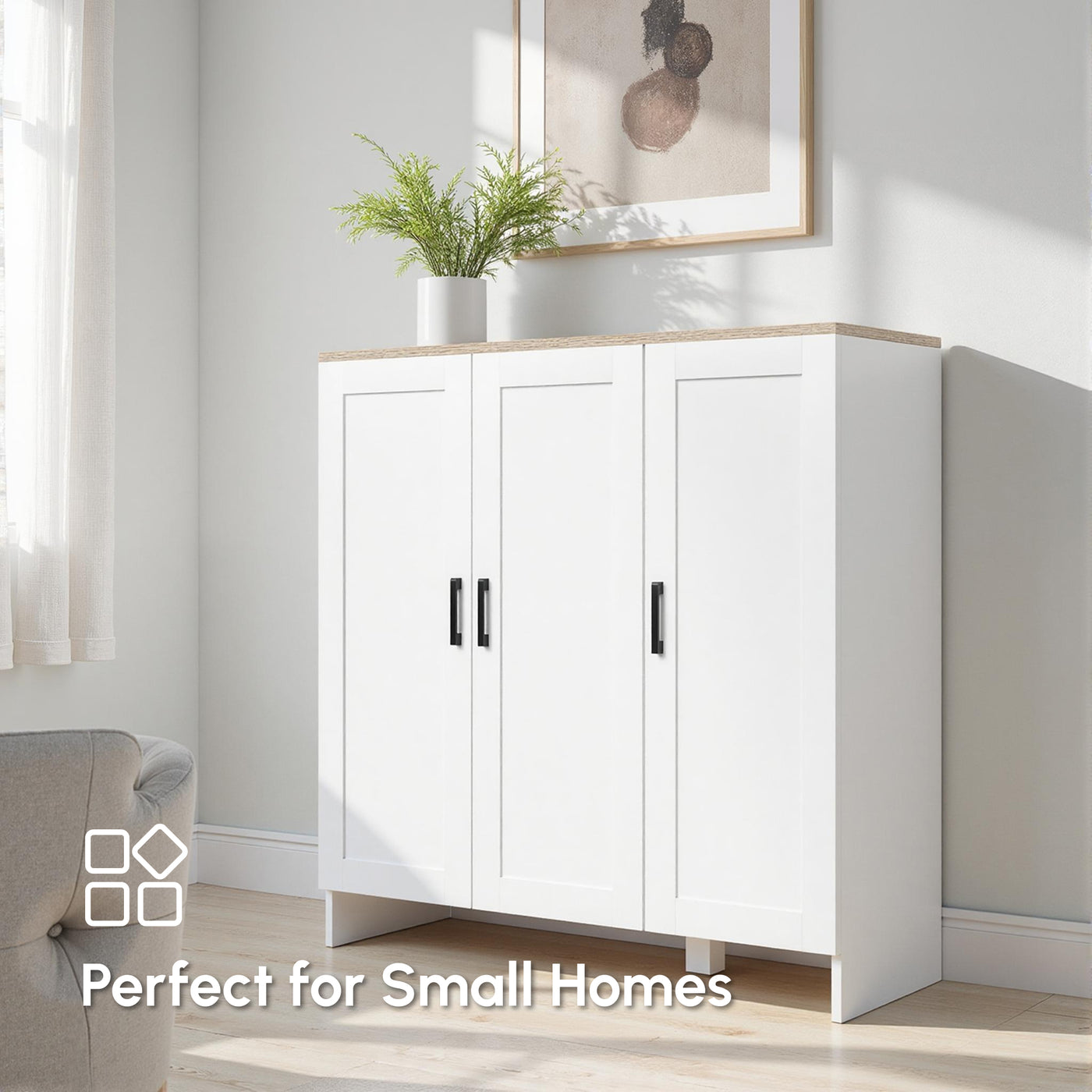 Modern Sideboard Cabinet with Adjustable Shelves, 3 Doors for Modern Kitchen & Dining Room, Ideal for Homeowners, White
