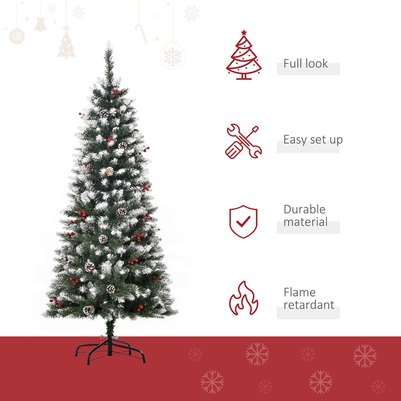 5ft Decorated Christmas Tree with Red Berries and Pine Cones, Flocked Christmas Tree with Pencil Shape, Green