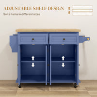 Kitchen Island with Storage, Rolling Trolley Cart with Rubber Wood Top, Spice Rack, Towel Rack, Navy Blue