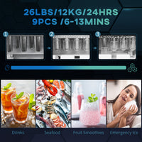 Portable Ice Maker, Self Cleaning Ice Machine with 9 Ice Cubes Ready in 6 Mins, 26lbs/24Hrs, 2 Sizes of Bullet Ice