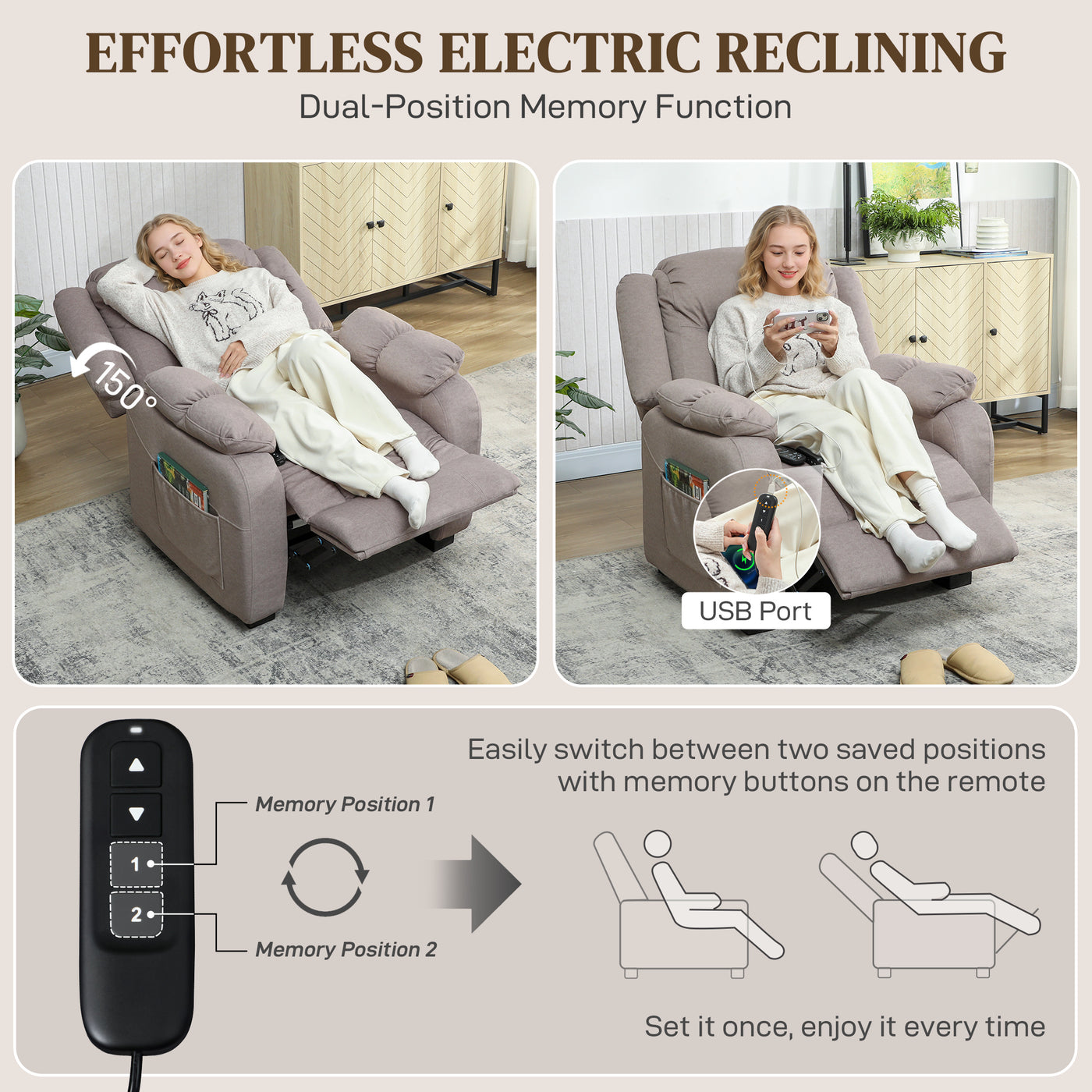 Massage Recliner Chair with Quiet Brushless Motor Pet-Friendly Fabric Power Recliner with 2 Memory Positions Brown