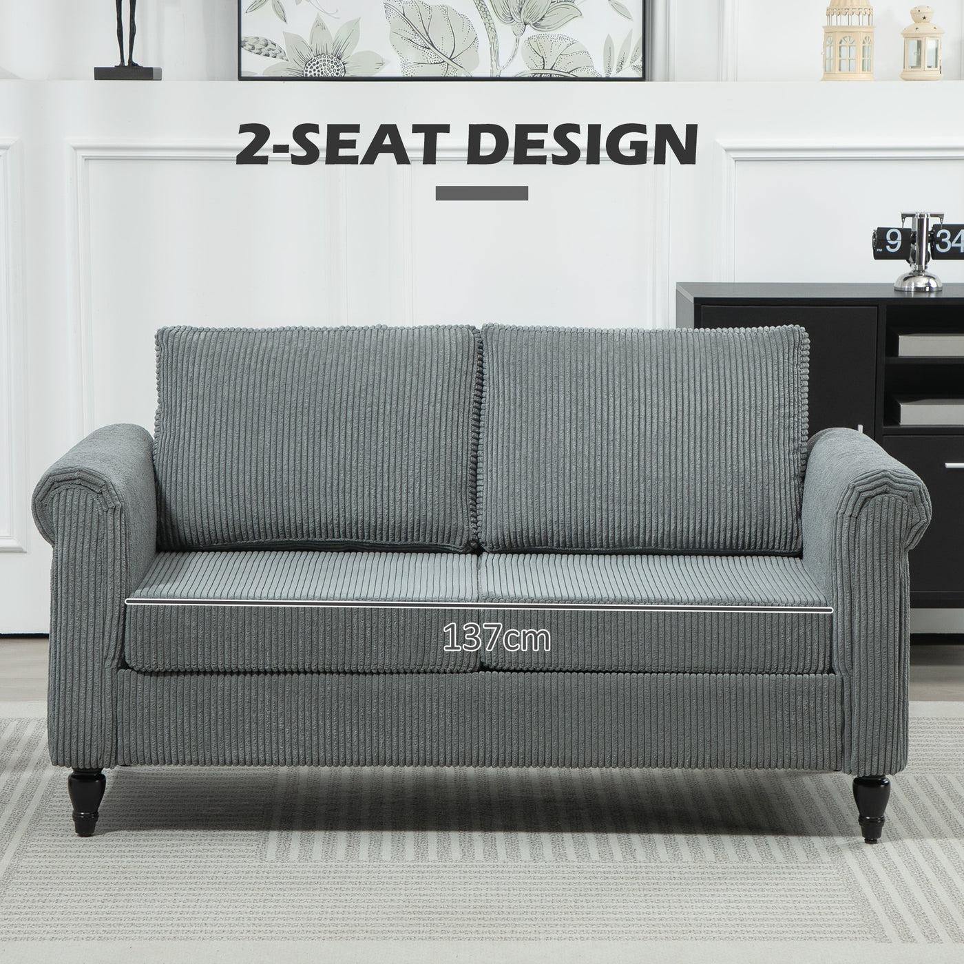 Vintage Loveseat, Upholstered Love Seat Furniture, Fabric 2 Seater Sofa with Rolled Arms, Rubber Wood Legs, Grey
