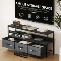 TV Stand with Charging Station, TV Table with 3 Foldable Linen Drawers and Open Shelf for 55 Inch Television, Black