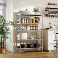 Bakers Rack, 5-Tier Stainless Steel Kitchen Storage Shelf with Adjustable Heights for Spices, Pots and Pans, Silver
