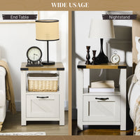 Side Table with Storage, Farmhouse End Table with Drawer, Open Shelf and Barn-style Panel, Nightstand for Living Room, Bedroom, White