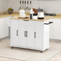 Modern Rolling Kitchen Island Cart with Drawers, Natural Wood Top, Towel Rack, Door Storage Cabinet, White