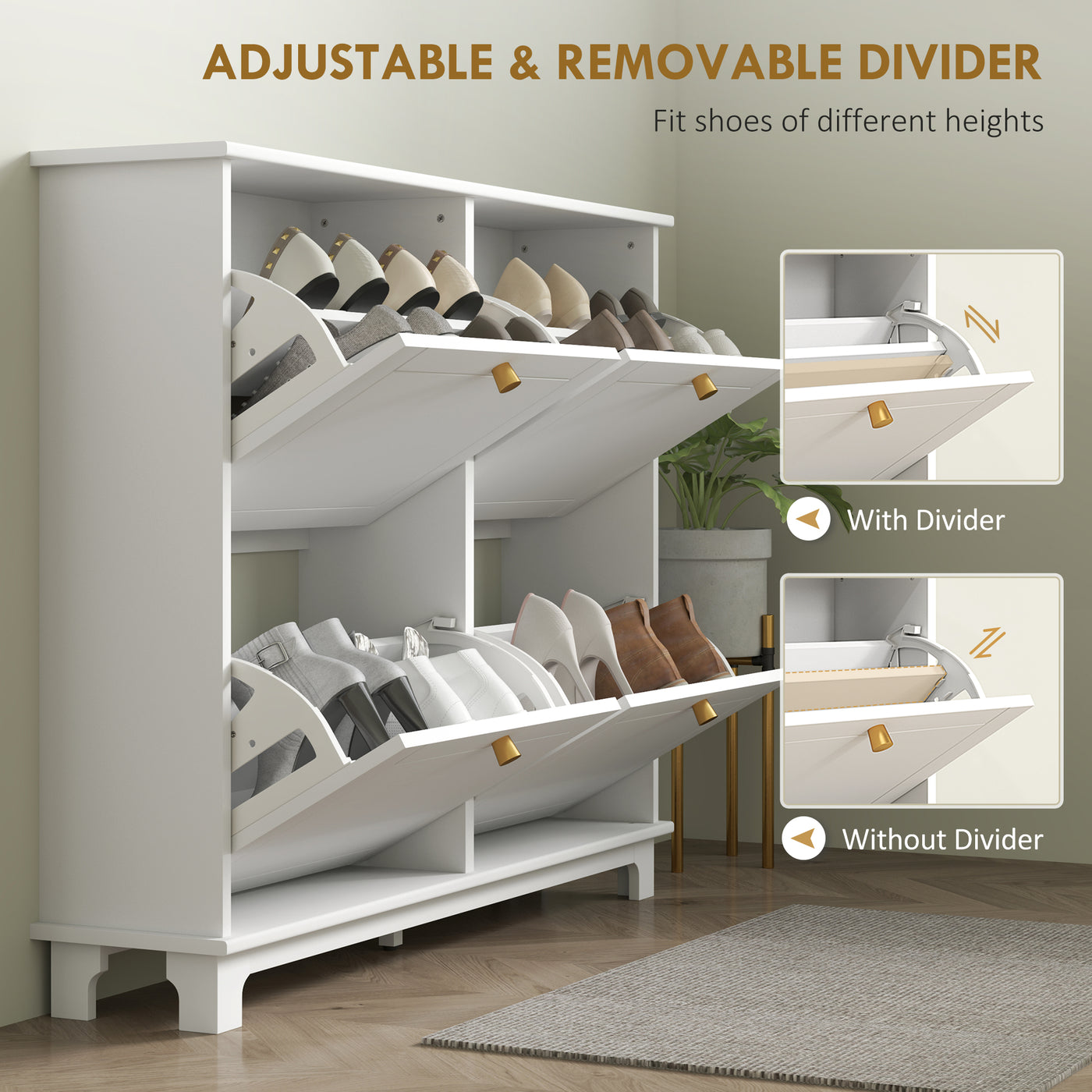 Modern Shoe Storage Cabinet, Narrow Shoe Cabinet with 4 Flip Drawers, Adjustable Shelves, 5 Legs for Entryway, White