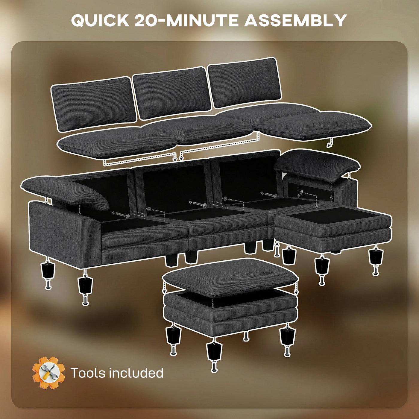 Sectional Sofa, L Shaped Sofa with Deep Seat, Movable Ottoman and Pillow-top Armrests, Dark Grey