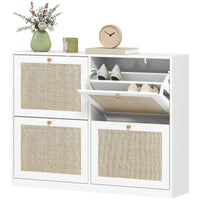 Narrow Shoe Storage Cabinet, Rattan Shoe Cabinet with 4 Flip Drawers and Adjustable Shelves for 20 Pairs, White