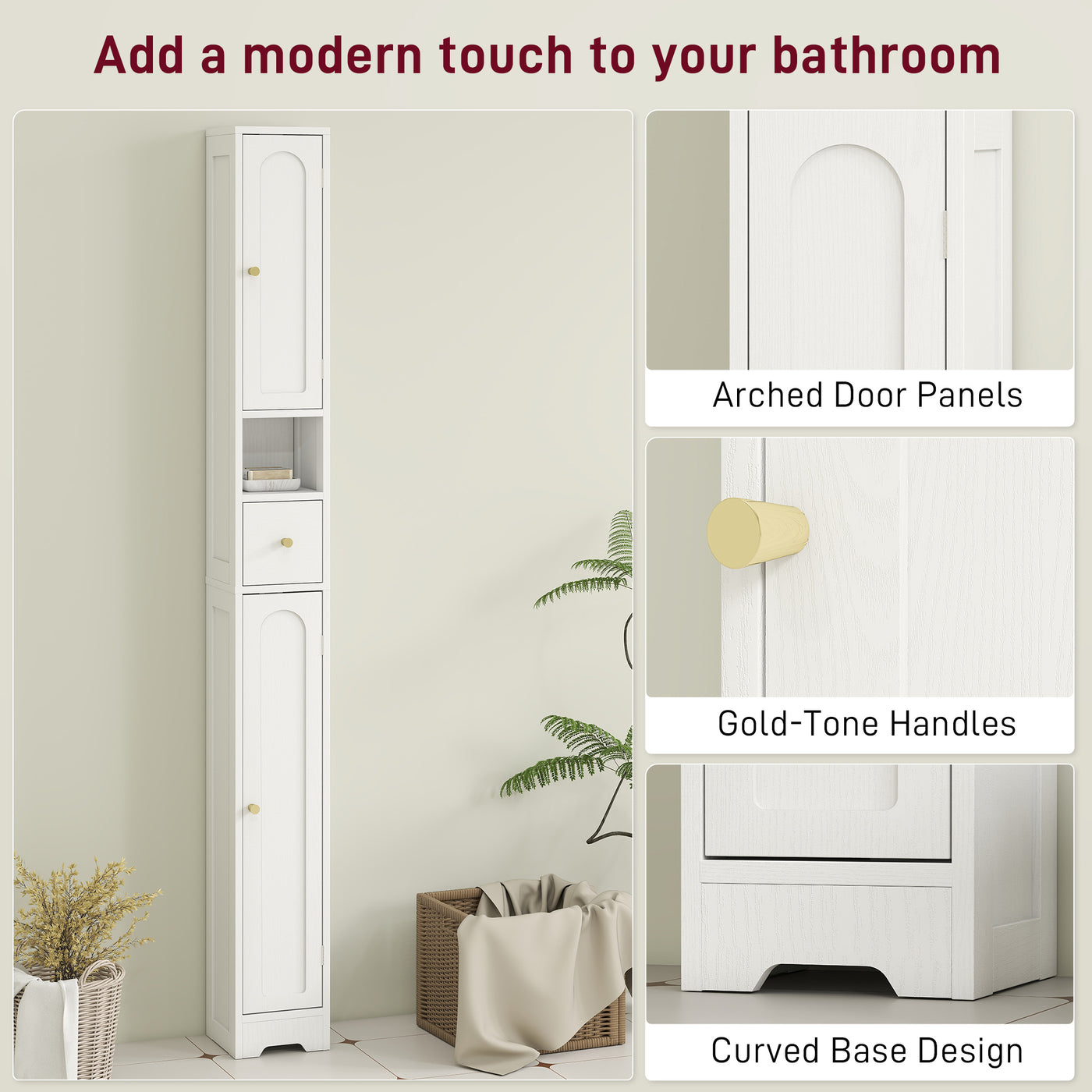 Tall Bathroom Cabinet, Modern Slim Bathroom Storage with Arched Doors, Drawer and Open Shelf, Narrow Storage, White